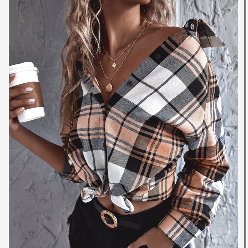 Elegant Plaid Check Button Up Boyfriend Shirt Top Blouse - Picture 12 of 17